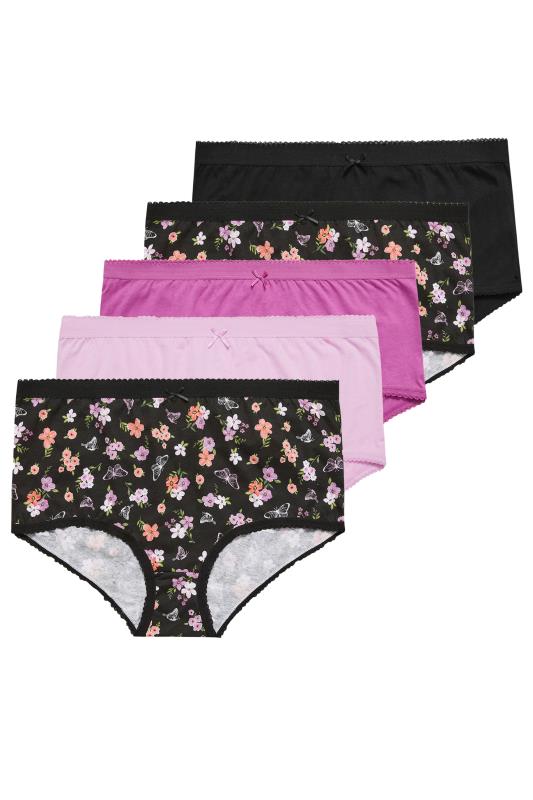 YOURS 5 PACK Plus Size Black & Pink Floral Design High Waisted Full Briefs | Yours Clothing 3