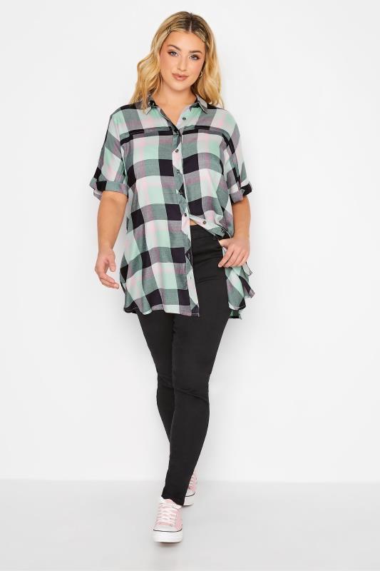 YOURS Plus Size Curve Mint Green & Navy Blue Check Short Sleeve Shirt | Yours Clothing  2
