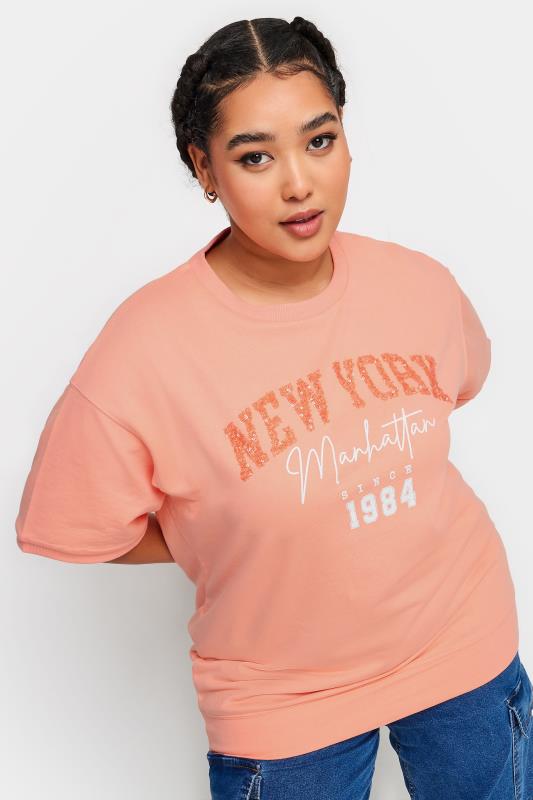 YOURS Plus Size Pink 'New York' Slogan Embellished Top | Yours Clothing 1