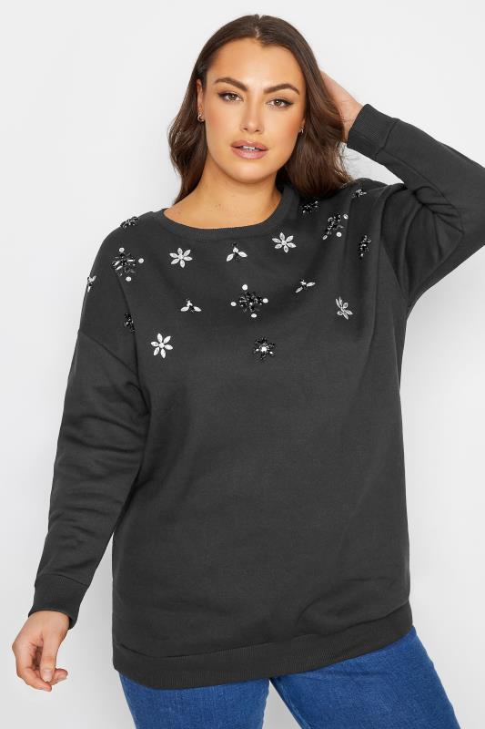 Plus Size Black Diamante Embellished Flower Sweatshirt | Yours Clothing  2