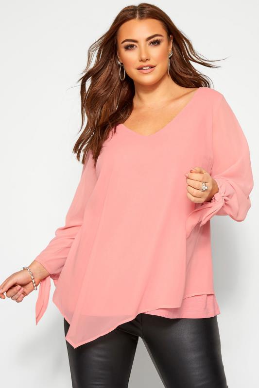 YOURS LONDON Curve Pink Chiffon Tie Sleeve Blouse_157097a.jpg