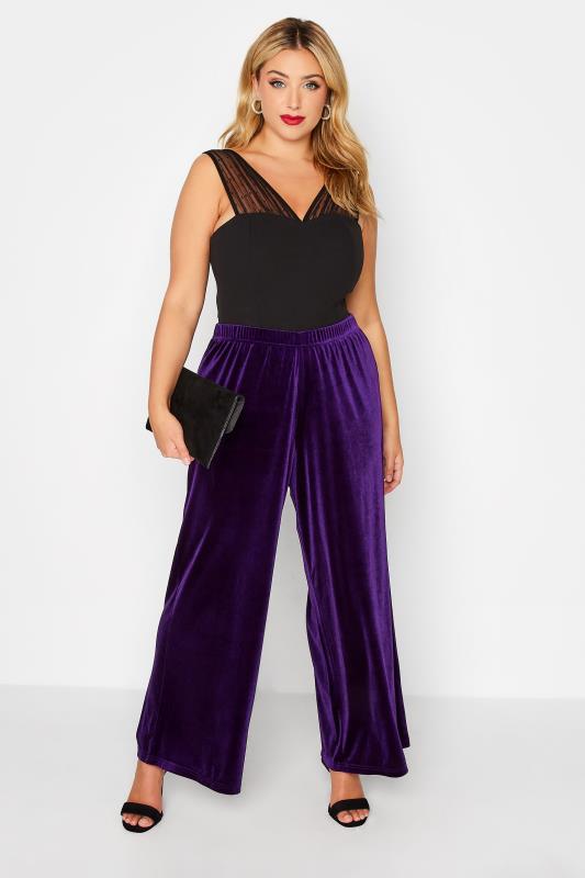 Plus Size Purple Wide Leg Stretch Velvet Trousers | Yours Clothing 2