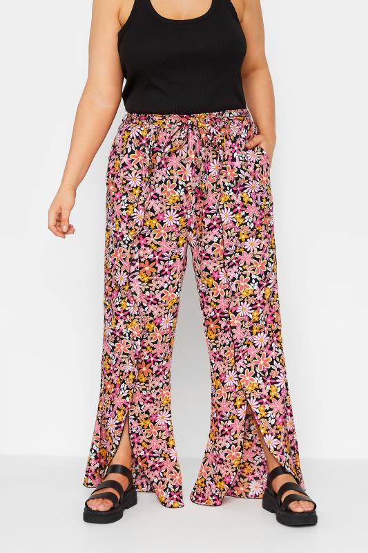  YOURS Curve Pink Floral Print Frill Wide Leg Trousers