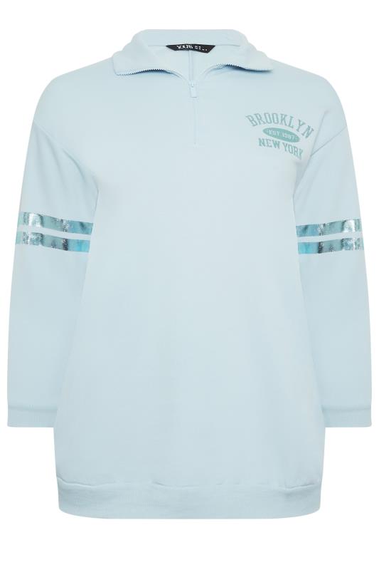 YOURS Plus Size Light Blue 'Brooklyn' Varsity Half Zip Sweatshirt | Yours Clothing 6