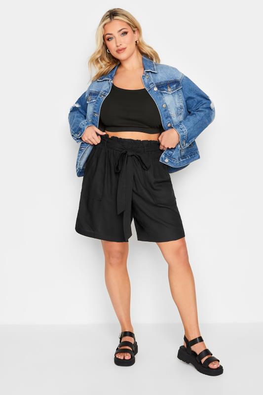 YOURS Plus Size Black Paperbag Waist Shorts | Yours Clothing 2