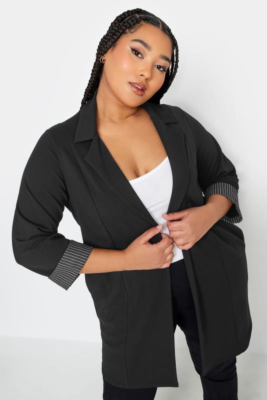 YOURS Plus Size Black Pinstripe Turn Up Sleeve Blazer | Yours Clothing 1