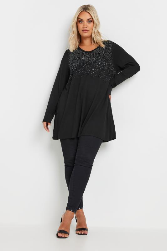 YOURS Plus Size Black Stud Embellished Long Sleeve Top | Yours Clothing 2