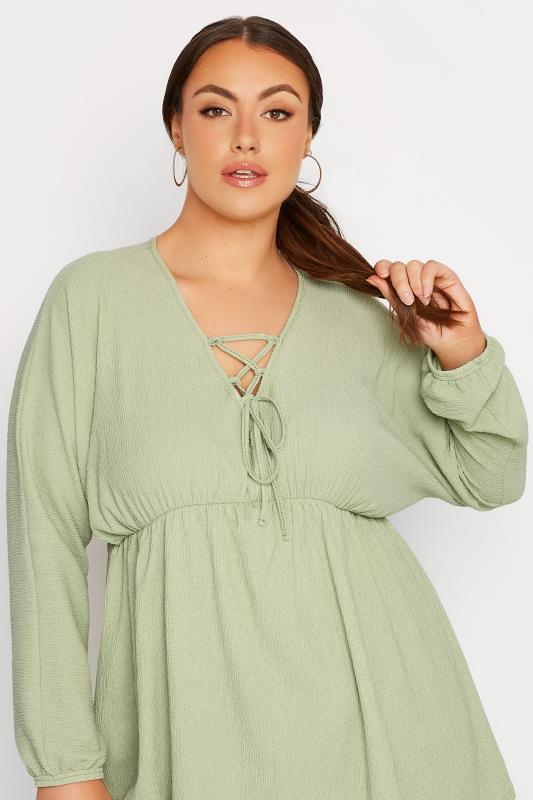 LIMITED COLLECTION Plus Size Sage Green Crinkle Lace Up Peplum Blouse | Yours Clothing 4