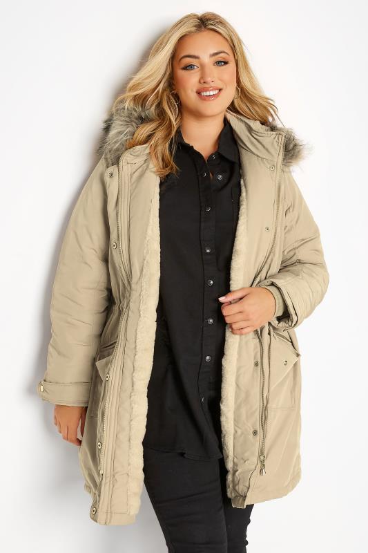 Plus Size Natural Brown Plush Fur Trim Parka Coat | Yours Clothing 2