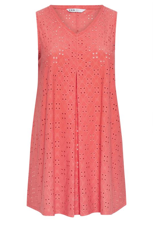 YOURS Plus Size Coral Pink Broderie Anglaise Swing Vest Top | Yours Clothing 5