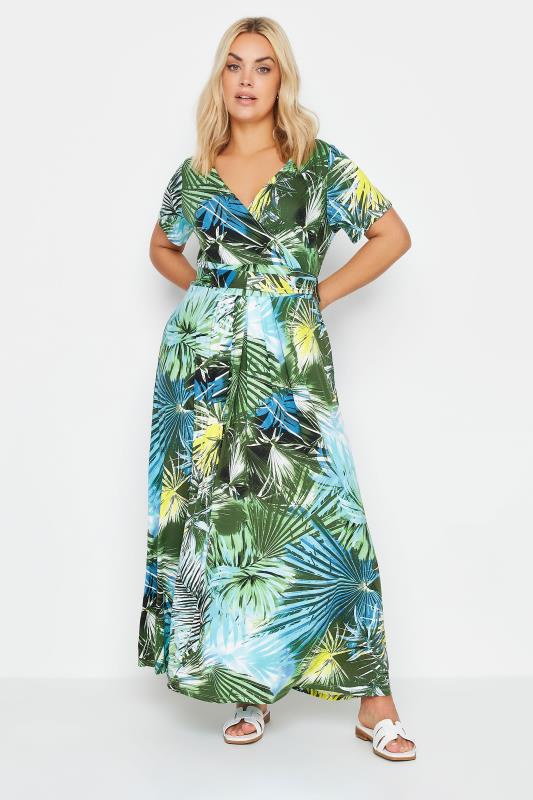 YOURS Plus Size Green Leaf Print Tiered Wrap Dress | Yours Clothing 1
