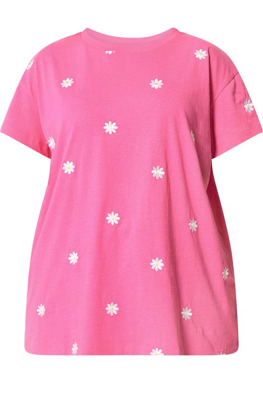 YOURS Plus Size Pink Embroidered Daisy Short Sleeve T-Shirt | Yours Clothing 6