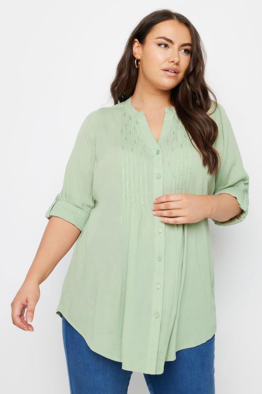 Plus Size  YOURS Curve Mint Green Pintuck Embellished Shirt