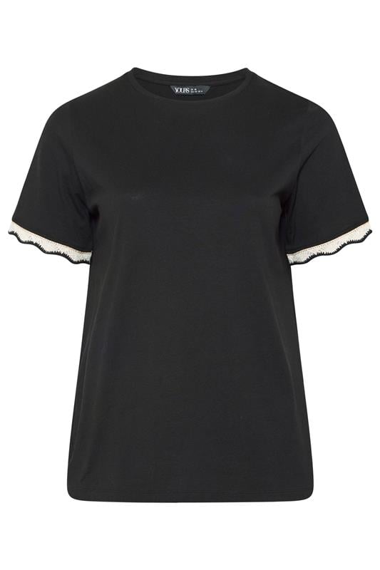 YOURS Plus Size Black Metallic Crochet Trim T-Shirt | Yours Clothing 6