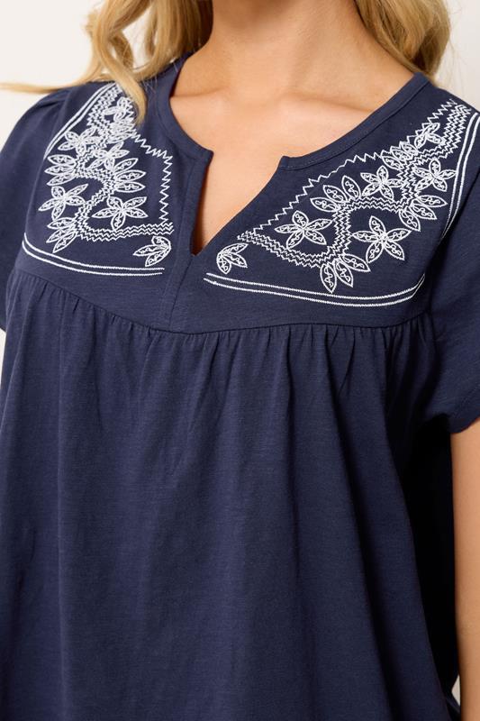 M&Co Navy Blue Embroidered Cotton Notch Neck Top | M&Co 4