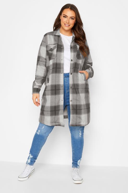 Curve Plus Size Grey & White Longline Check Shacket | Yours Clothing 1