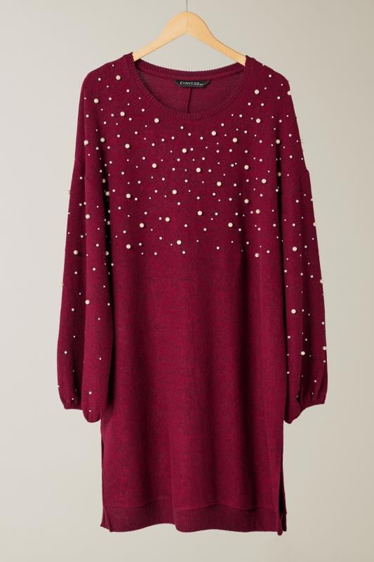 EVANS Plus Size Burgundy Red Pearl Embellished Soft Touch Jumper Dress | Evans 6