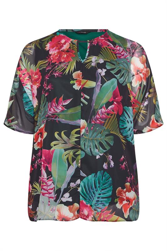 YOURS Plus Size Black Tropical Print Keyhole Detail Top | Yours Clothing 5
