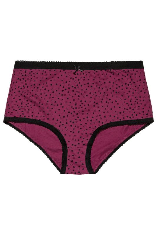 5 PACK Plus Size Black & Dark Pink Mini Heart Print High Waisted Full Briefs | Yours Clothing 3