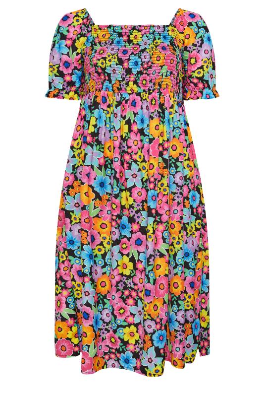 YOURS Plus Size Black Floral Print Shirred Midi Dress | Yours Clothing 5