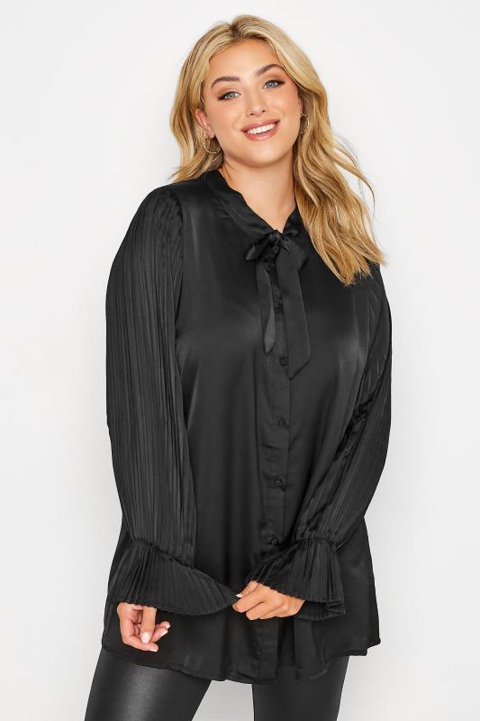 YOURS LONDON Plus Size Black Satin Pleated Bow Blouse | Yours Clothing 4