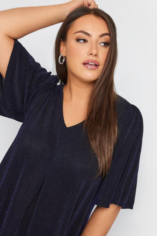 YOURS Plus Size Black & Blue Glitter Pleated Swing Top | Yours Clothing 4