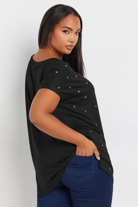 YOURS Plus Size Black Star Embellished Short Sleeve Top | Yours Clothing 3