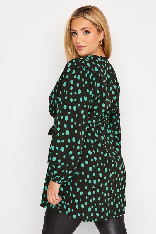 Plus Size Black & Green Dalmatian Print Balloon Sleeve Wrap Top | Yours Clothing 3
