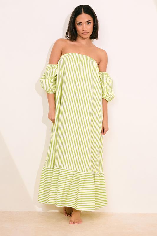 PixieGirl Petite Women's Lime Green Stripe Bardot Cotton Maxi Dress | PixieGirl 2