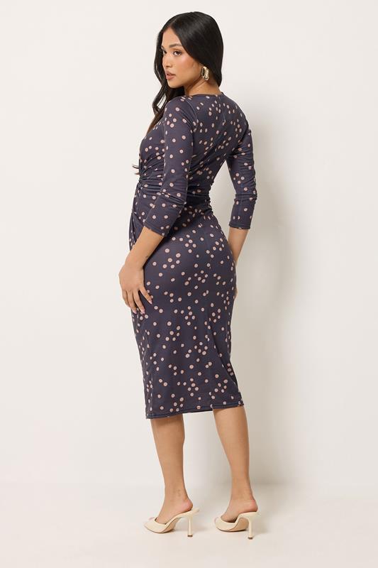 PixieGirl Petite Women's Navy Blue Polka Dot Twist Front Midi Dress | PixieGirl 4