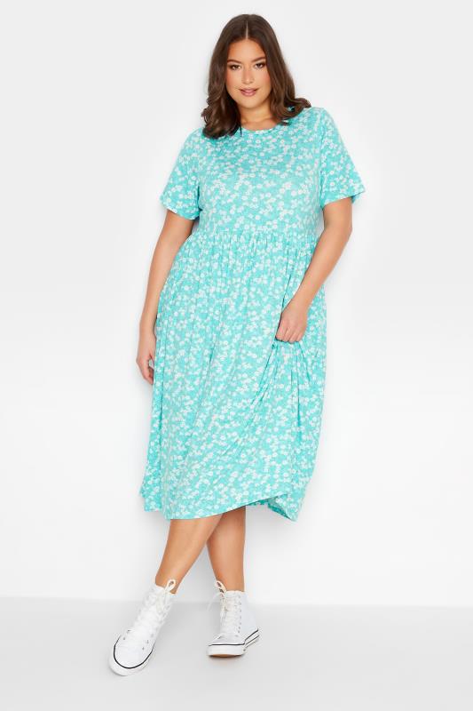 YOURS Curve Plus Size Light Blue Floral Disty Print Smock Dress | Yours Clothing  2