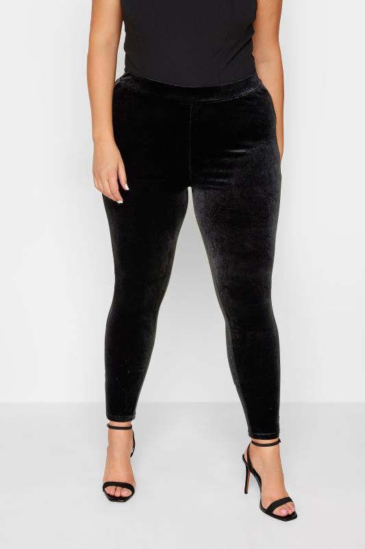 Plus Size Black Velvet Contrast Stripe Leggings | Yours Clothing 3