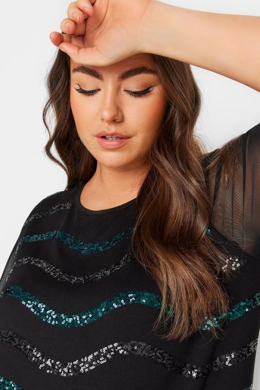 YOURS Plus Size Black & Blue Sequin Embellished Mesh Sleeve Top | Yours Clothing 4