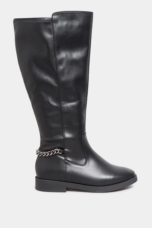 Black Knee High Chain Detail Boots In Wide E Fit & Extra Wide EEE Fit 3