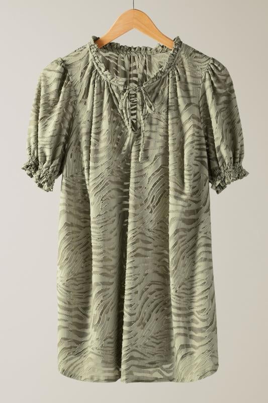 EVANS Plus Size Khaki Green Burnout Print Tie Neck Blouse | Evans 6