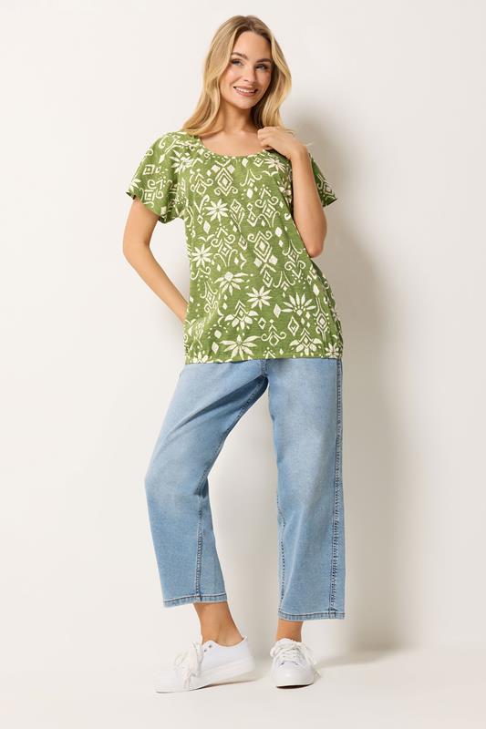 M&Co Green Aztec Print Cotton Scoop Neck Top | M&Co 1