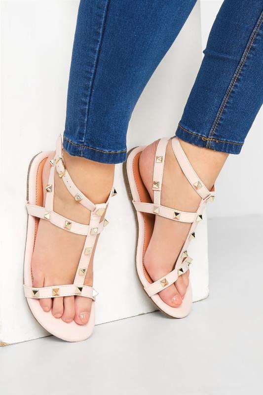 Pink Studded Strap Sandals In Extra Wide EEE Fit 1