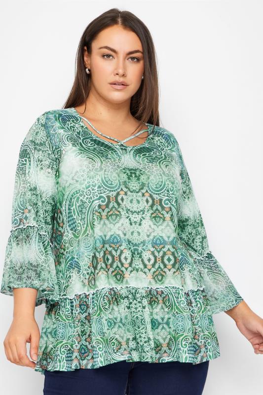 Plus Size  Evans Green Paisley Print Flared Sleeve Blouse