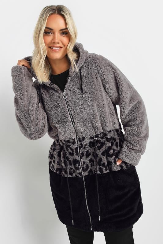 YOURS Plus Size Grey Leopard Print Colour Block Fleece Jacket Yours Clothing