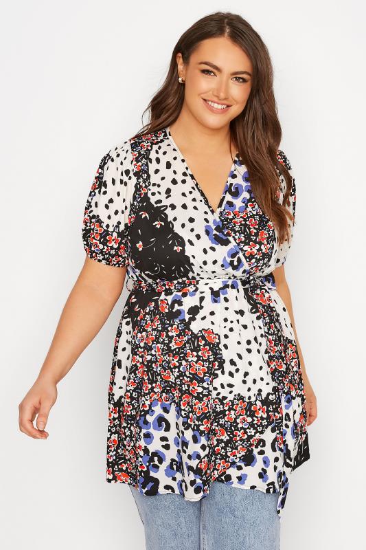 Plus Size Black Mixed Print Puff Sleeve Wrap Top | Yours Clothing  1