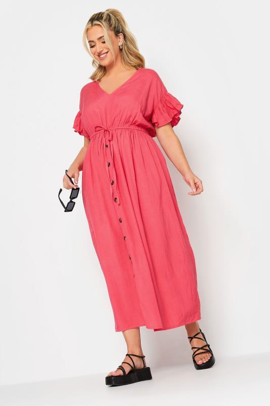 LIMITED COLLECTION Plus Size Coral Pink Frill Sleeve Cotton Maxi Dress | Yours Clothing 2