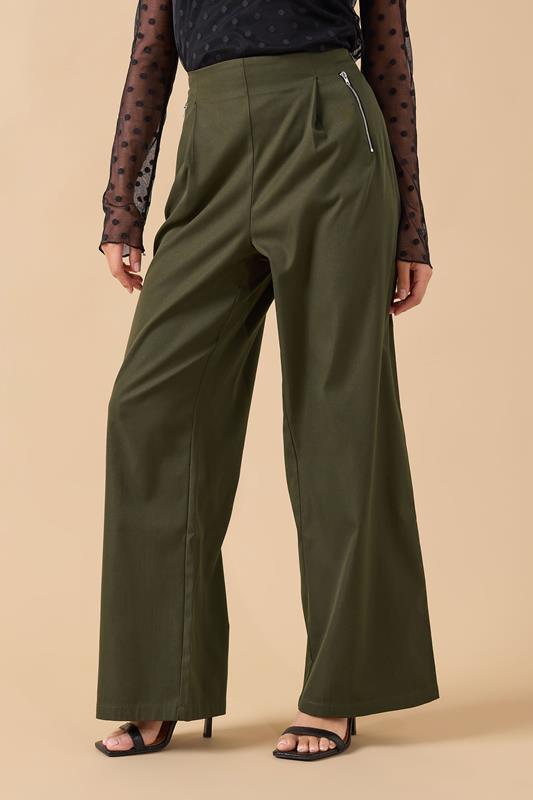 PixieGirl Petite Women's Khaki Green Zip Pleated Trousers | PixieGirl 1
