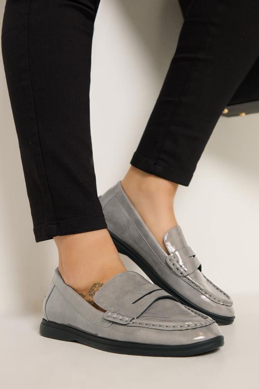 Grey Faux Leather Flatform Loafers In Wide E Fit | Yours Clothing 1