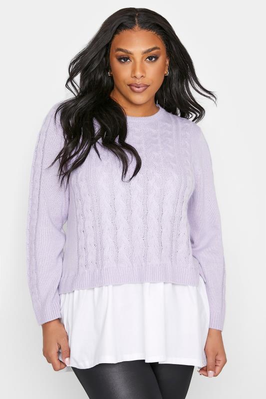 Plus Size  Curve Lilac Purple 2 In 1 Poplin Hem Cable Knitted Jumper