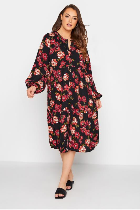 Plus Size  LIMITED COLLECTION Curve Black Floral Smock Tiered Shirt Dress