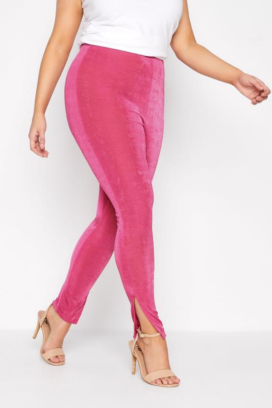Plus Size Hot Pink Slinky Split Hem Leggings | Yours Clothing 1