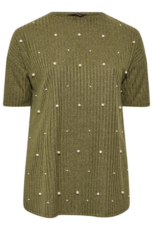 Plus Size Khaki Green Pearl Embellished Split Hem T-Shirt | Yours Clothing 6