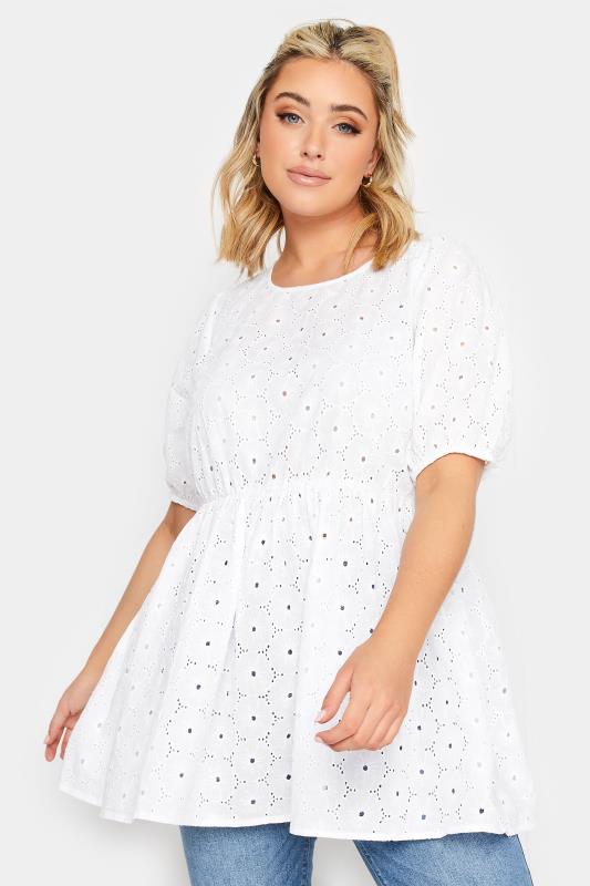 LIMITED COLLECTION Plus Size White Embroidered Peplum Top | Yours Clothing  1
