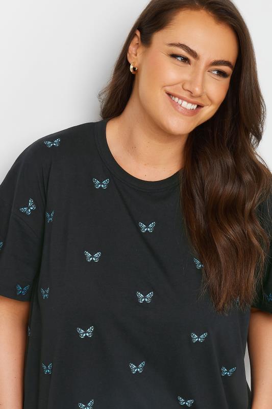 LIMITED COLLECTION Plus Size Black Embroidered Butterfly T-Shirt | Yours Clothing 3