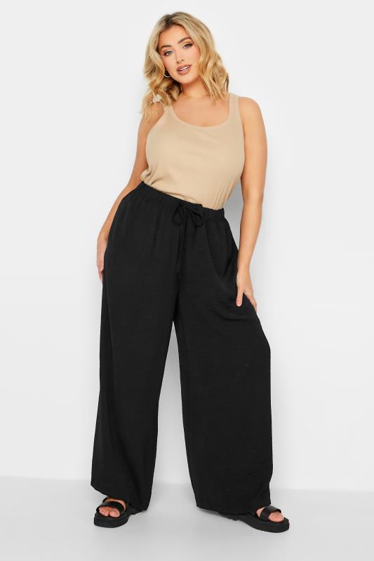 YOURS Plus Size Black Washed Twill Wide Leg Trousers | Yours Clothing 2